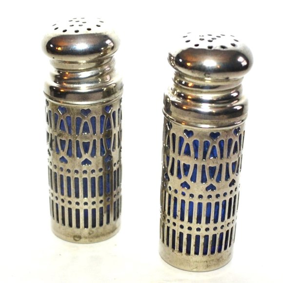 Vintage Salt And Pepper Shakers Metal Outer Blue Cobalt Glass Inner Table Decor - Picture 1 of 5